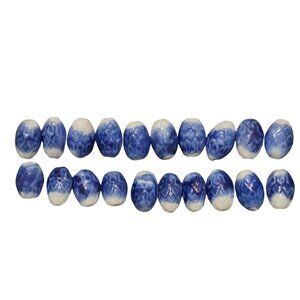 Blue & White Vintage Textured Glass Beads 20 Pc Oval Shape with Embossed Pattern